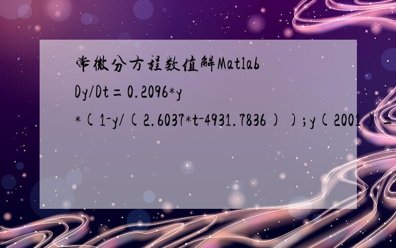 常微分方程数值解MatlabDy/Dt=0.2096*y*(1-y/(2.6037*t-4931.7836))；y(2001)=120.1