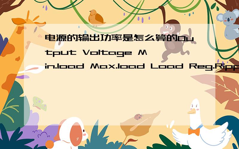电源的输出功率是怎么算的Output Voltage Min.load Max.load Load Reg.Ripple & Noise -12V 0.0A 0.5A ±10% 120mV P-P +3.3V 0.5A 14.0A ±5% 50mV P-P +5V 0.3A 25.0A ±5% 50mV P-P +5Vsb 0.0A 1.5A ±5% 50mV P-P +12V 1.0A 12.0A ±5% 120mV P-P -5V 0