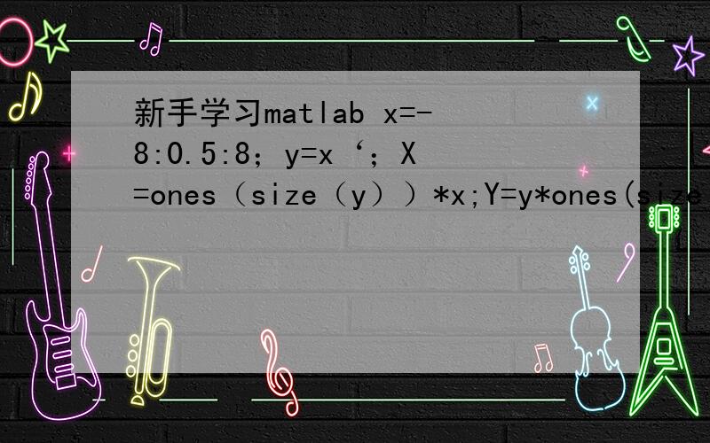 新手学习matlab x=-8:0.5:8；y=x‘；X=ones（size（y））*x;Y=y*ones(size(x));