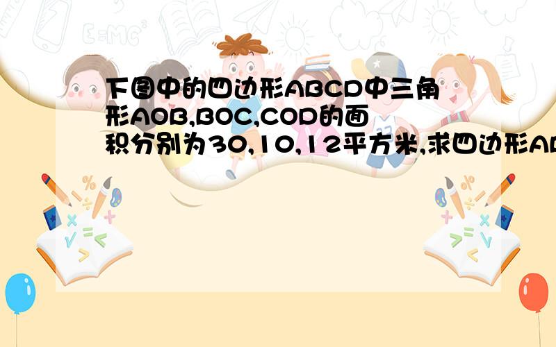 下图中的四边形ABCD中三角形AOB,BOC,COD的面积分别为30,10,12平方米,求四边形ABCD的面积